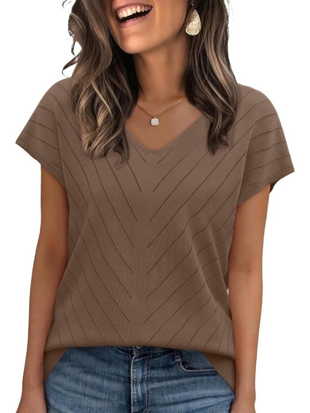 Women's Brown Trendy Summer Tops Sweater Pullover V-Neck Pull On Short Sleeve